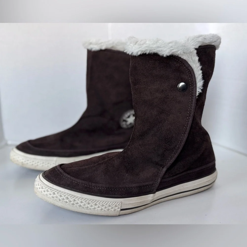 Converse All Star Boots Brown Leather Suede Faux Fur Lined Warm Women’s Size 9